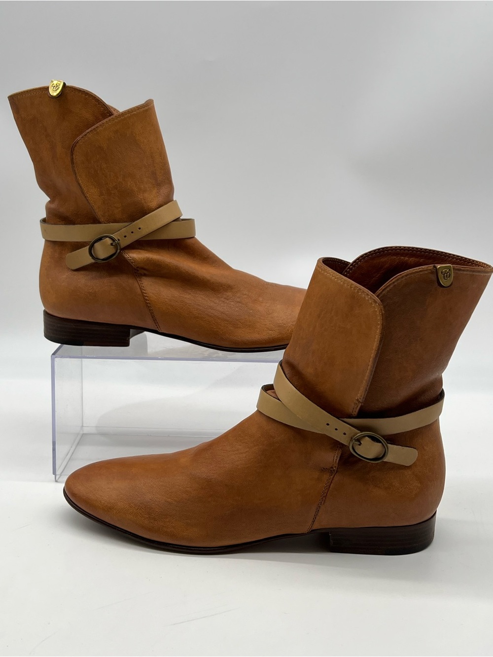 Chloe Cognac Leather Ankle Boots with Beige Double Wrapped Strap-Size 37